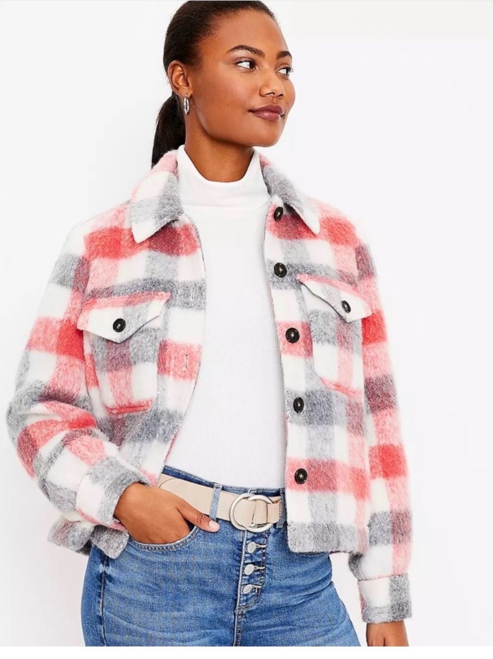 LOFT Pink, Gray & White Plaid Utility Shacket